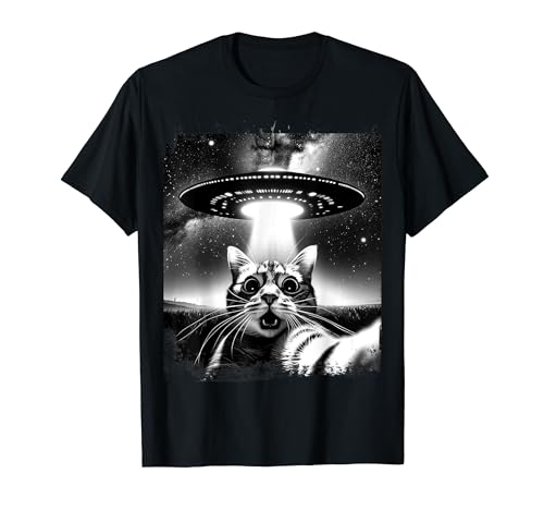 Divertente gatto selfie con UFO rapimento alieni Maglietta