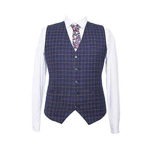 Mens Blue Plaid Tweed Men Suit 3 Pieces Striped Turxedo Two Buttons Single Breasted Blazer Vest Pant4