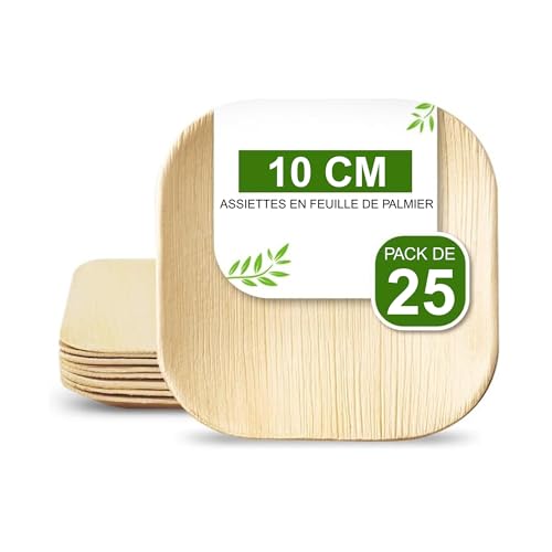 FOOGO Green 25pcs Mini Assiettes Jetables en Feuille de Palmier, 10cm Carré, Écologique Biodégradable Compostable Comme Assiettes Bois, Bambou, Papier, Plats Chauds,...