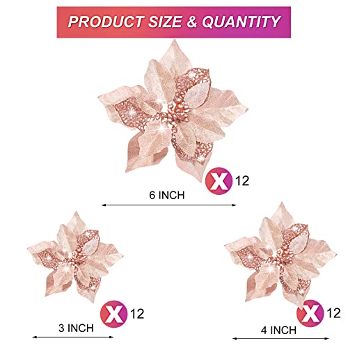 WILLBOND 36 Pieces Christmas Poinsettia Glitter Faux Flowers Christmas Artificial Flowers Tree Ornaments Topper Xmas Decorations(Rose Gold)
