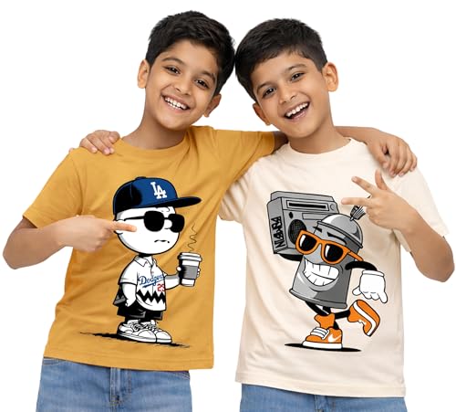 Image of Kuchipoo Boys Cotton Printed T-Shirts | Half Sleeve Round Neck | Soft & Comfortable Casual Wear for Kids | Pack of 2