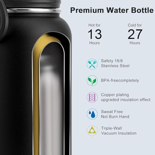 Image of koodee 26 oz Insulated Water Bottle Stainless Steel Double Wall Vacuum Metal Sports Water Bottle with Leakproof Spout Lid, Wide Mouth Water Bottle (Black)