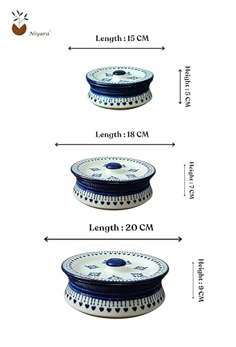 Image of Niyara Stoneware Handmade Ceramic Handpainted Multipurpose Storage Ceramic Jars & Containers with Lid Microwave Dishwasher Safe(Set of 3,) - Kitchen Storage /Serving Snacks Dish (Blue Berry)
