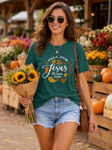 Fall Graphic Shirts for Women Faith Christian T-Shirt Vintage Autumn Thanksgiving Tops Retro Crew Neck Casual Tee Green - image 3