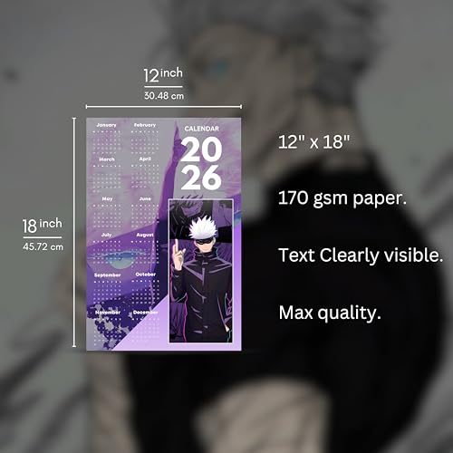 Image of 2026 Anime Calendar - Gojo Satoru from Jujutsu Kaisen | 12 inch x 18 inch size | Wall Decoration Aesthetic Calendars