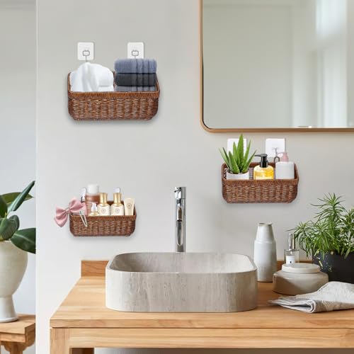 FRONDENT 2 Piezas Cesta Para Colgar En La Pared,Estantes Para Fruta,Cesta Para Cebollas y Patatas Con Ganchos,Canasta De Almacenamiento De Mimbre,Para La Organización Del Hogar(Marrón-Grande) - imagen 4