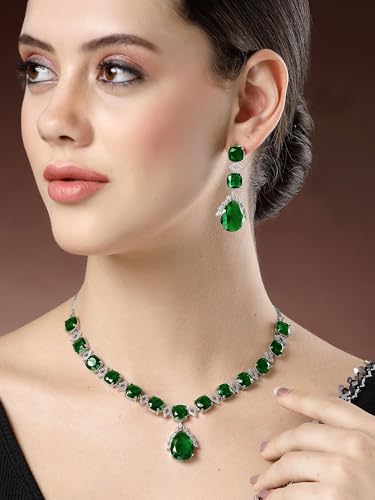 Image of Karatcart Elegant Silver Plated Blue American Diamond Necklace Set for Women