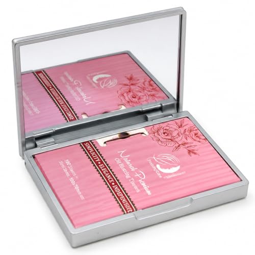 Image of Makeup Mirror with Facial Oil Blotting Paper Sheets - 100 Counts, Silver Compact Folding Cosmetic Travel Mirror Pack (Rose)