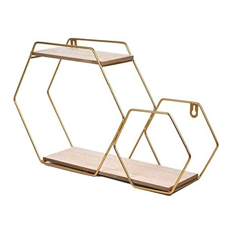 Ablerhome Decoration 2 Tier Wall Shelf Double Hexagonal Cube Gold Wrought Iron Frame Storage Shelving Display Unit NEW (One Gold Shelf) Cover