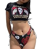 WDIRARA Women's Rose Skull Print Short Sleeve Tie Side Bikini Swimsuit Swimwear Black L