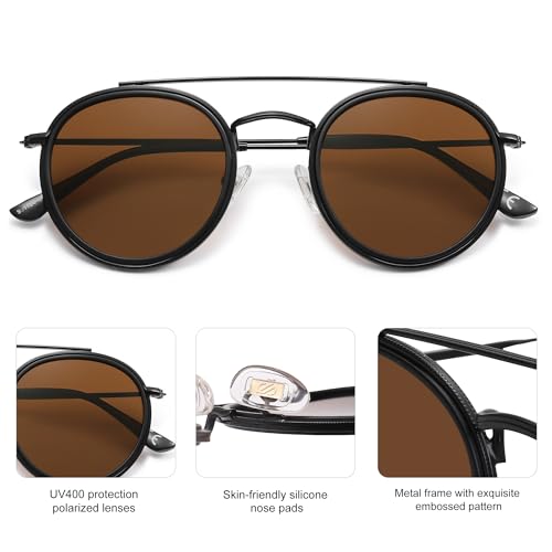 SOJOS Retro Vintage Round Polarized Sunglasses for Women Men Small Double Bridge Circle Sunnies SJ11043