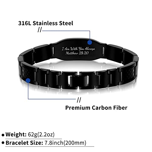 Religious Bible Verse Bracelet, Stainless Steel Engraved Inspirational Christian Quote Faith Link Bracelet, Carbon Fiber Cross Jewelry Gift for Men2