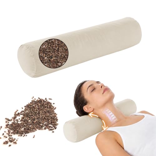 Image of Buckwheat Pillow - Adjustable Buckwheat Neck Pillow(17x4) to Provide Firm Support, Neck Roll Pillows for Side and Back Sleepers, Cylinder Bolster Pillows with Organic Pillowcase
