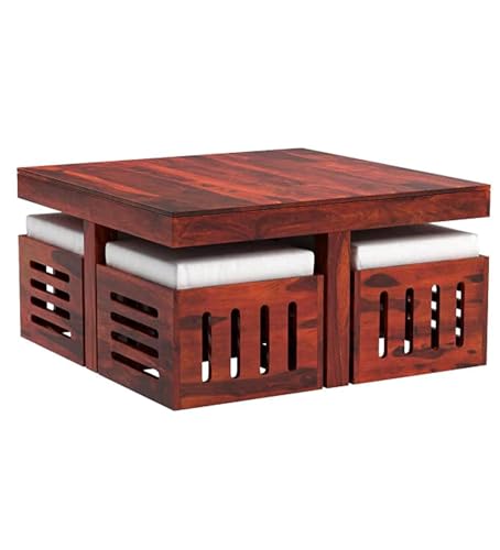 Image of Coffee Table with 4 Stools, Walnut Finish | Sheesham Wood, For Living Room, Wooden Center Teapoy Table