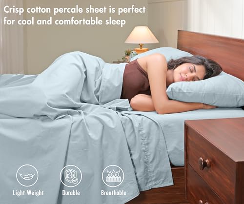 Image of RUVANTI 100% Cotton Percale Sheets Twin - Crisp Cooling Summer Bed Sheets for Hot Sleepers, Deep Pocket 14 inch, Soft Peach Finish, Breathable & Durable Hotel-Style 3 Piece Set, Ice Blue