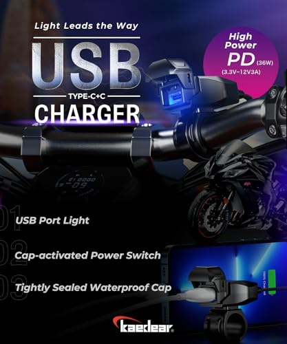 Kaedear Motorcycle USB Power Supply Waterproof Phone Charging Port SAE DC 12V Fuse Power Switch, Type C + Type C, Ultra-Fast Charging 5V/9V/12V, Light-Guided USB Charger KDR-M3-CC