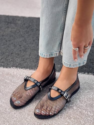 Image of Coutgo Womens Mesh Ballet Flats Mary Jane Fishnet Ballerina Buckle Strap Comfortable Causal Dress Shoes