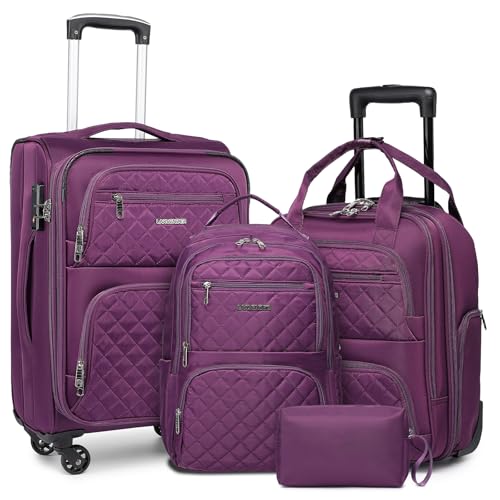 LARVENDER 4 Piece Luggage Set with Spinner Wheels - Expandable Softside Carry On Suitcase 22x14x9 Airline Approved 16 20 Carry On Luggage TSA Lock Purple