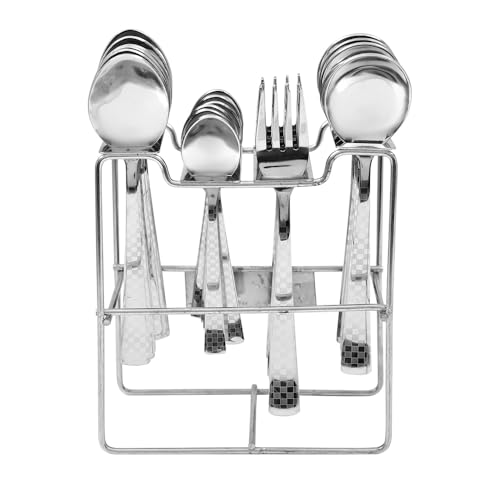 Image of Premium Stainless Steel, 25-Piece Cutlery Set for Kitchen & Table (6 Dessert Spoons, 6 Dessert Forks, 6 Tea Spoons, 6 Soup Spoons, 1 Storage Stand) (25, Silver)