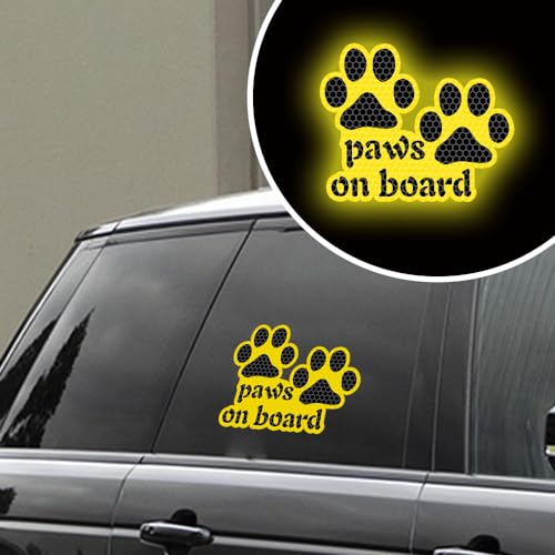 Image of 2pcs Reflective Paw Print Decal Dog Paws on Board Car Window Sticker Safety Warning Sign Stickers Funny Reflective Vinyl Stickers for Car Motorcycles Laptop (Yellow)