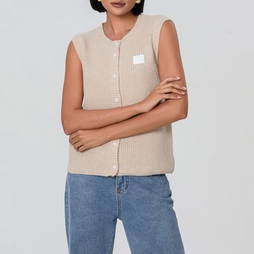 Image of Women Chunky Button Sweater Vest Sleeveless Round Neck Rib Knitted Tank Top Y2k Knitted Cardigan Vest Shirt