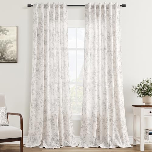 Vintage Floral Curtains 84 inch Length 2 Panels Set for Living Room Grey and Cream Printed Curtains Back Tab Neutral Farmhouse Bedroom Curtains Cottage Style Pretty Flower Patterned Linen Drapes