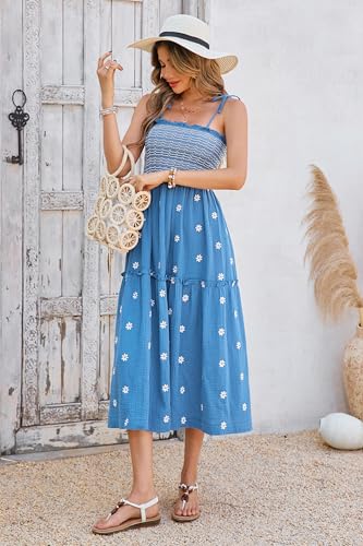Image of R.Vivimos Womens Summer Cotton Boho Midi Dress 2026 Spaghetti Strap Floral Embroidered Smocked Tiered Flowy Long Dresses