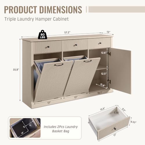 Image of IFBUY Triple Tilt Out Laundry Hamper Cabinet, Trash Can Cabinet, Cream