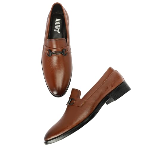 Image of NARKI Men's Tan Formal Loafers - Stylish Slip-On Synthetic Leather Dress Shoes | Textured Office Wear Shoes for Men