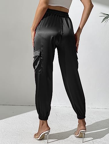 Women's Satin Cargo Joggers Pants Dressy Casual Silky Elastic High Waist Trousers2