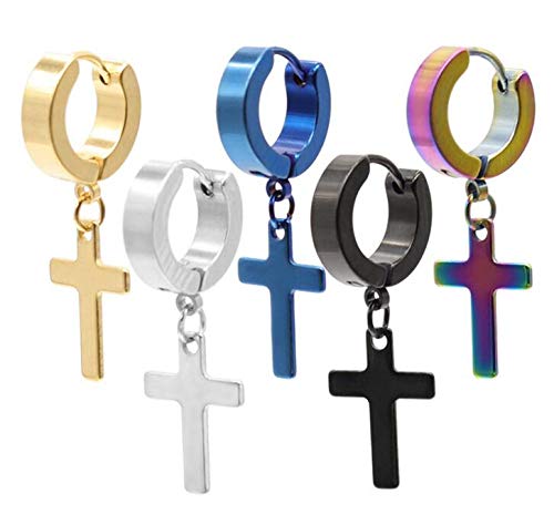 6 Pairs Cross Dangle Hoop Earrings For Men Women Stainless Steel Religious Drop Hinged Earrings For Graduation Christmas Easter #TOP5