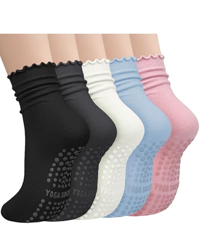 Image of Darller 5 Pairs Pilates Socks with Grips for Women, Non Slip Cotton Ruffle Yoga Socks for Barre Workout Hospital