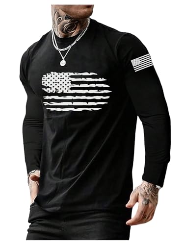 SweatyRocks Men's USA Flag Graphic Long Sleeve T Shirt Casual Crew Neck Streetwear Tees