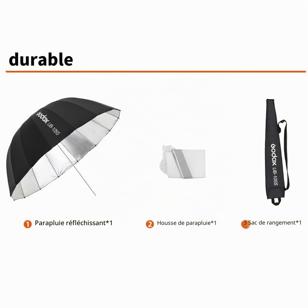Godox UB-105 Parapluie parabolique réfléchissant profond avec couvercle diffuseur pour studio vidéo Argenté 105 cm