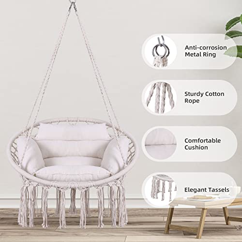 Goutime Silla hamaca, columpio colgante de macramé con cojín y kit de herramientas, columpios bohemios para adultos para exteriores, patio, balcón, dormitorio (beige) - imagen 2