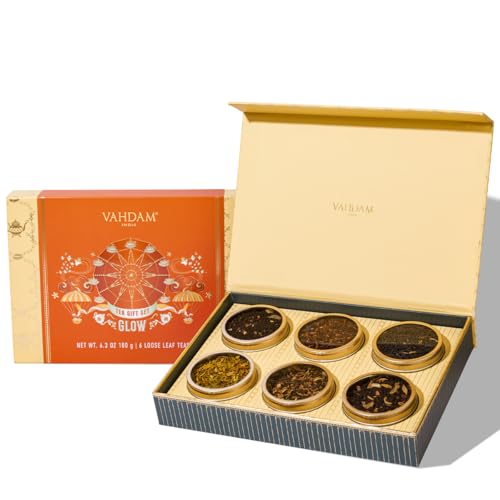 VAHDAM, GLOW - Assorted Tea Gift Set (6 Loose Leaf Tea) Tin Caddy Presentation Box | Gluten Free, Non GMO | Tea Gift Set for Women & Men