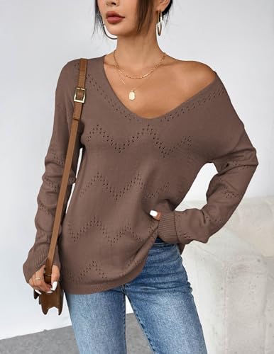 Image of Zeagoo Womens Sweaters Fall Trendy Casual Long Sleeve Shirt Lightweight V Neck Off Shoulder Crochet Pullover Top Outfit