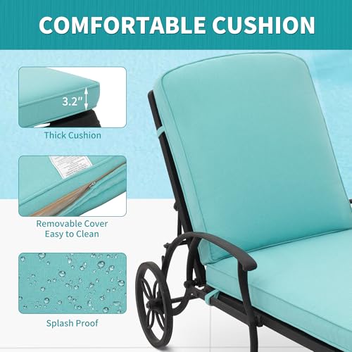 HOMEFUN Outdoor Chaise Lounge Chair with Cushion - Poolside Set of 1 Chair for Outside Cast Aluminum Waterproof Lounger with Wheels and Adjustable Reclining (Cyan Cushion)