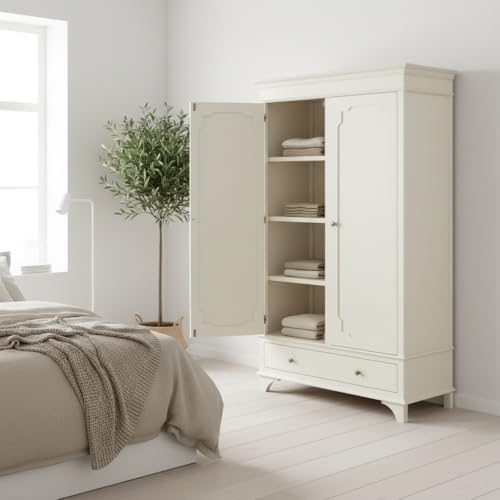 Image of APRODZ Wooden Wardrobe for Bedroom | 2 Door Engineer Wood Wardrobe with 1 Drawer | Wardrobe for Storage, Engineering Wood Clothes Cupboard & Wooden Almirah | Space Saving Wooden Cabinet Storage, White