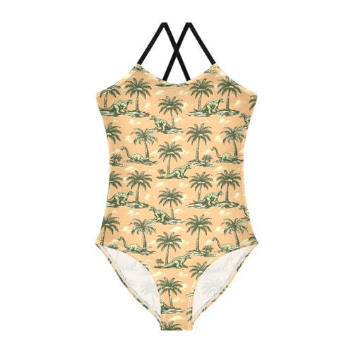 senya Girls Swimsuits One-Piece Swimwear Tie Bathing Suit Beach Summer Round Neck 5-6T Dinosaurs Palm Trees Orange