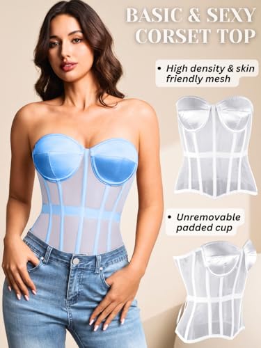 Image of Kaei&Shi Sheer Mesh Overbust Corset,Sexy Strapless Lace Up Satin Bra Corsets Top For Women Shapewear