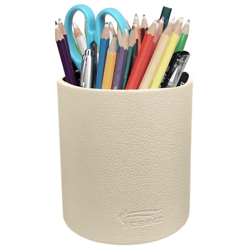 Image of Leather Pen Holder, Beige Pencil Holder, Desktop Elegant Pen Holder for Desk, Stationery Organizer for School Office Home Dorm