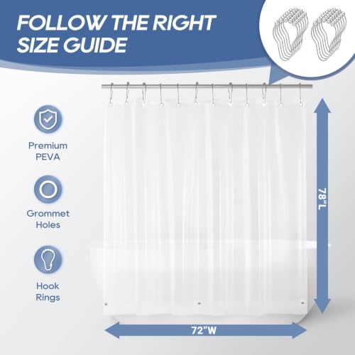 Image of downluxe Clear Shower Curtain Liner with Hooks, Plastic Shower Liner, 72 inch W x 78 inch L Lightweight Shower Curtains for Bathroom(12 Hooks, 1PC)