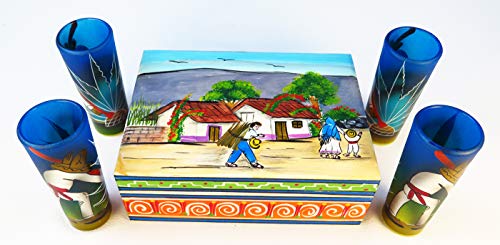 Mexican Tequila Shot Glasses Hand Painted Poncho Agave Cactus and
