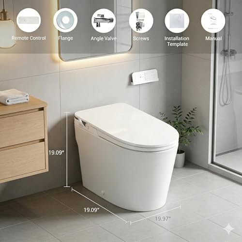 Inodoro Inteligente con Bidé, Sistema de Descarga con Bomba de Tanque, Asiento Calefactable, Lavado con Agua Tibia Instantánea, Sensor de Pie y Descarga Automática, Luz Nocturna LED, Pantalla de Temperatura Blanca, Sin Control Remoto miniatura 3