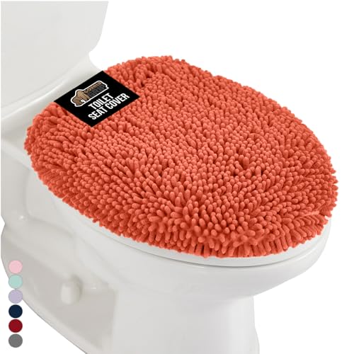 Image of Gorilla Grip Soft Chenille Bathroom Toilet Lid Cover, Machine Washable Seat Covers, 19.5x18.5, Stays in Place Rubber Backing, Fits Most Round, Elongated and Oblong Lids, Accessories Decor, Coral