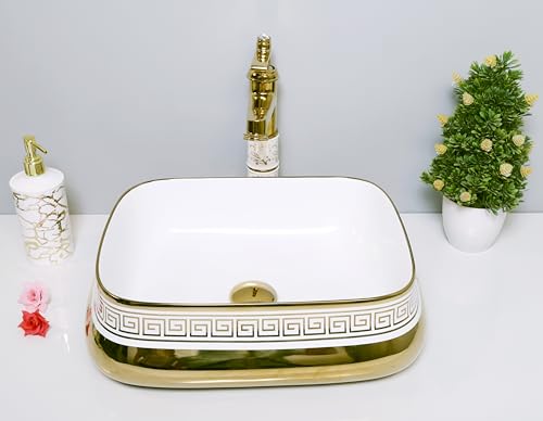 Image of LUXART Luxury Ceramic Vessel Sink | Premium Golden Greek Key Pattern | 18 x 14 x 5 IN Tabletop Countertop Wash Basin for Bathroom, Vanity & Hotel