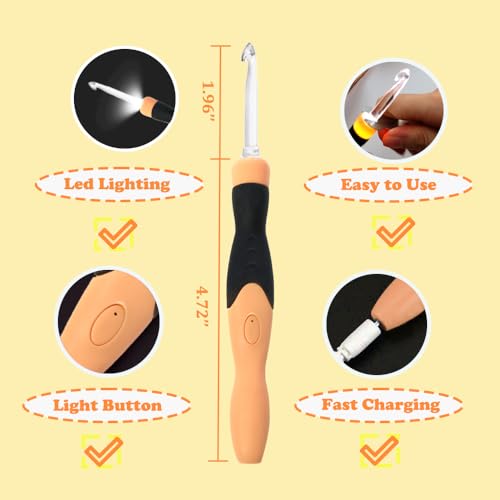 Image of Lewhoo 17 Sizes Light Up Crochet Hooks 2.5mm~14.0mm,Rechargeable Light Up Crochet Hooks with Case