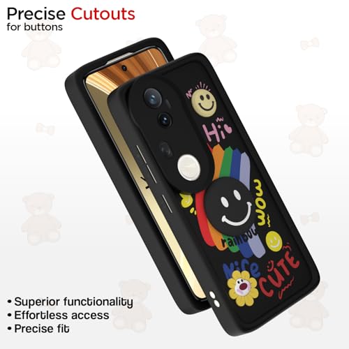 Image of Pikkme Back Cover for Vivo T4 Ultra 5G | Soft Silicone| Cute Rainbow Smile & 3D Cartoon Flower Design | Shockproof Raised Camera Protection Bumper Case (Black)