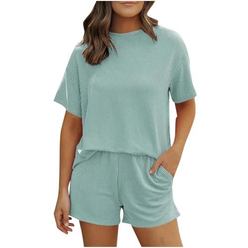 Womens Short Sets Ribbed Knit 2 Piece Summer Beach Vacation Short Sleeve T-shirts Elastic Waist Shorts Matching Set
